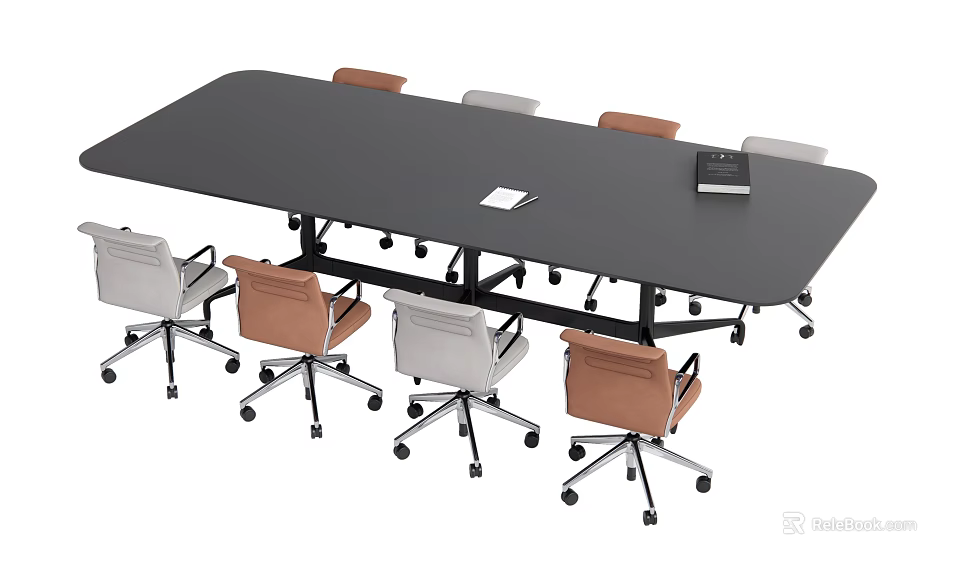 Modern Office Conference Table With Black Surface Rolling Chairs And Notepad 3d model