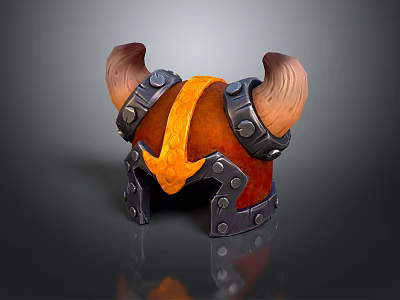 3D Rendered Fantasy Horned Helmet With Orange Red Design And Metal Details 3d model