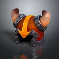 3D Rendered Fantasy Horned Helmet With Orange Red Design And Metal Details