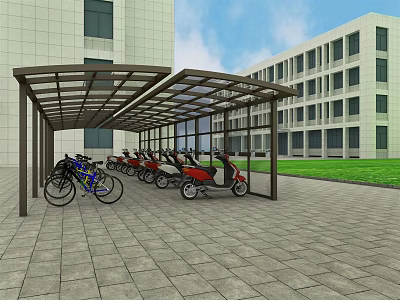 Outdoor Canopy for Bicycle and Electric Scooter Parking With Modern Building and Grass Background 3d model