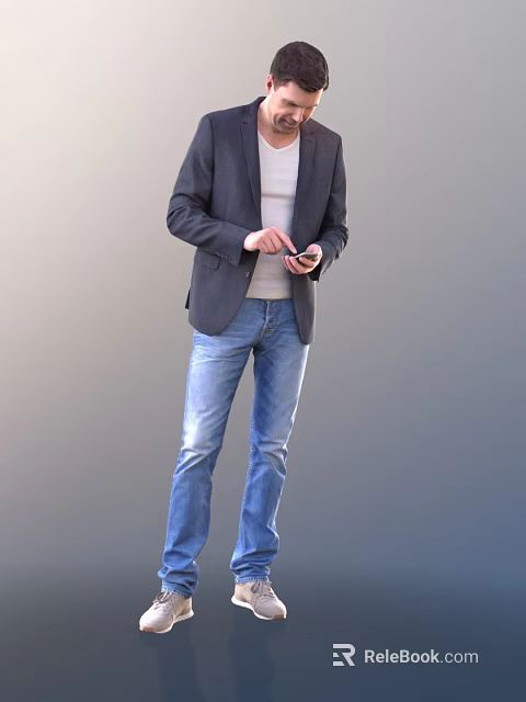 Man In Gray Blazer Light Sweater And Blue Jeans Holding Mobile Phone 3d model 