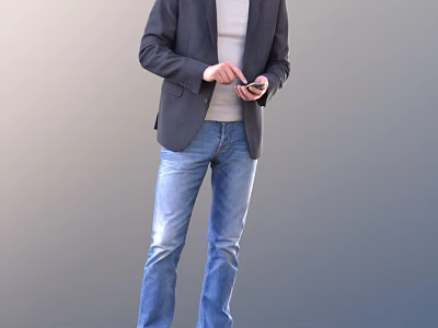 Man In Gray Blazer Light Sweater And Blue Jeans Holding Mobile Phone 3d model