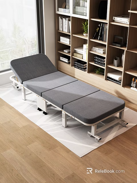 Gray Multifunctional Folding Bed With Wheels Near Bookshelf On Wooden Floor 3d model 
