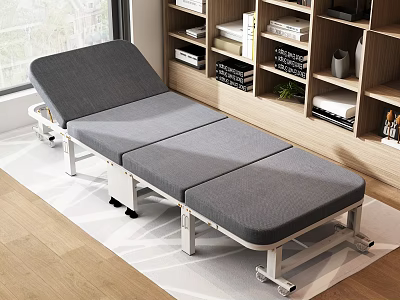 Gray Multifunctional Folding Bed With Wheels Near Bookshelf On Wooden Floor 3d model