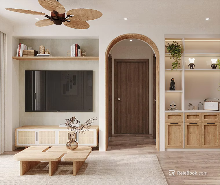 Modern Living Dining Area With Ceiling Fan TV Cabinet Coffee Table And Cabinets 3d model 