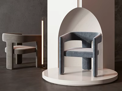 Modern Grey And Blue Velvet Accent Chair On White Arched Platform 3d model
