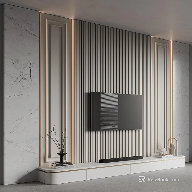 Gray Marble TV Wall Design With Vertical Stripes White Cabinet And Golden Trim 3d model 