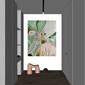 Modern Interior Abstract Painting With Green Pink White Floral Elements Hanging On Wall