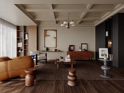 Modern Living Room With Brown Sofa Wooden Floor Chandelier Coffee Table And Decorative Painting 3d model