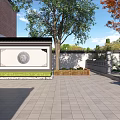 Detached Villa With Chinese Style Roof Glass Curtain Wall Stone Paved Courtyard And Potted Plants