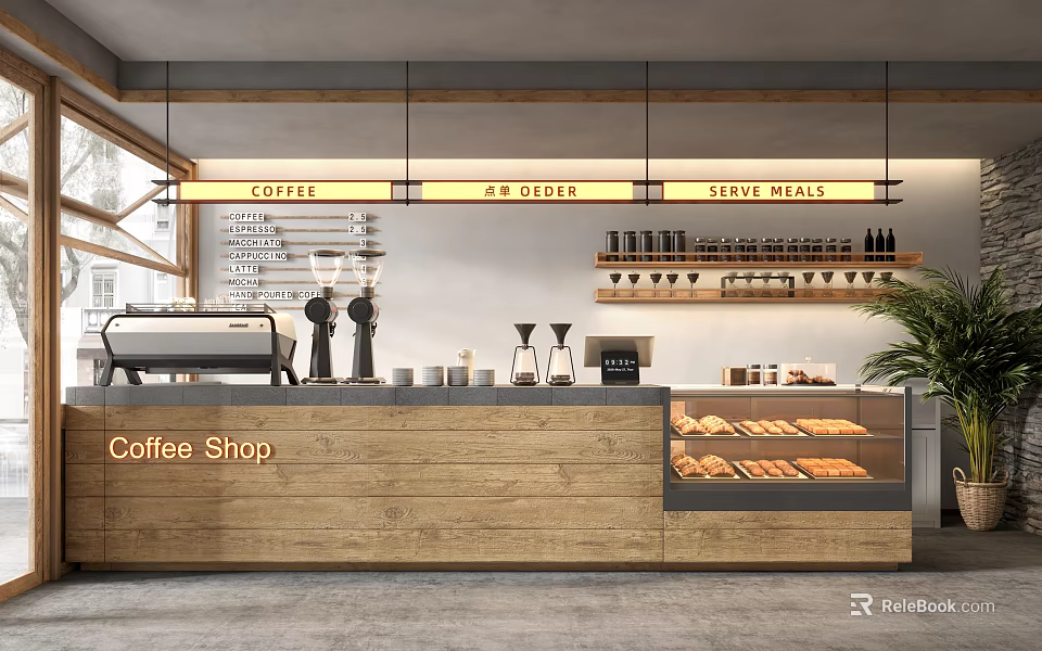 Coffee Shop Interior With Wooden Counter Coffee Machines Pastry Display Case And Hanging Signs 3d model 