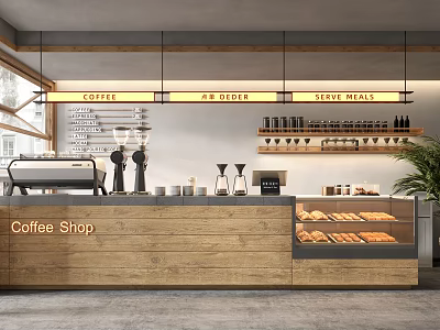 Coffee Shop Interior With Wooden Counter Coffee Machines Pastry Display Case And Hanging Signs 3d model