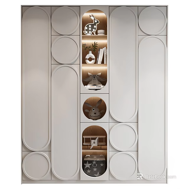 Modern Entryway Side Cabinet With Circular Oval Patterns Light Colored Decorative Shelves 3d model 