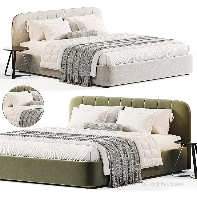 Modern Double Bed With Upholstered Headboard White Pillows Gray Throw Blanket Quilted Bedspread 3d model 