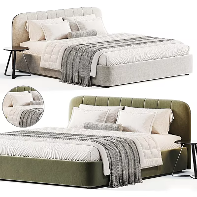 Modern Double Bed With Upholstered Headboard White Pillows Gray Throw Blanket Quilted Bedspread 3d model