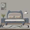 Cute Blue Kids Bed With Cat Ear Headboard Nightstands Green Plant Flower Painting And Rug
