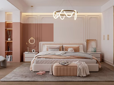 Elegant Modern Bedroom Interior With Beige Upholstered Bed Round Pendant Lights And Area Rug 3d model