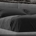 Cozy Double Bed with Stone Wall Background Sofa Pillows and Cactus Decor on Small Table
