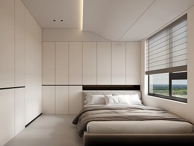 Modern Tatami Bedroom With White Built in Wardrobes Window Blinds And City View 3d model