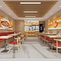 Bright Restaurant Interior With Red Seats Wooden Ceiling Orange Billboards And Food