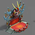 Traditional Peking Opera Stage Design With Colorful Mask Flags And Red Curtains