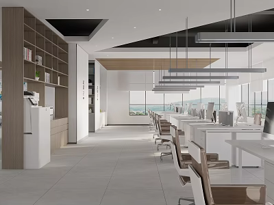 Modern Spacious Public Office Space With Long Worktables Ergonomic Chairs Computers Bookshelves And Large Windows 3d model