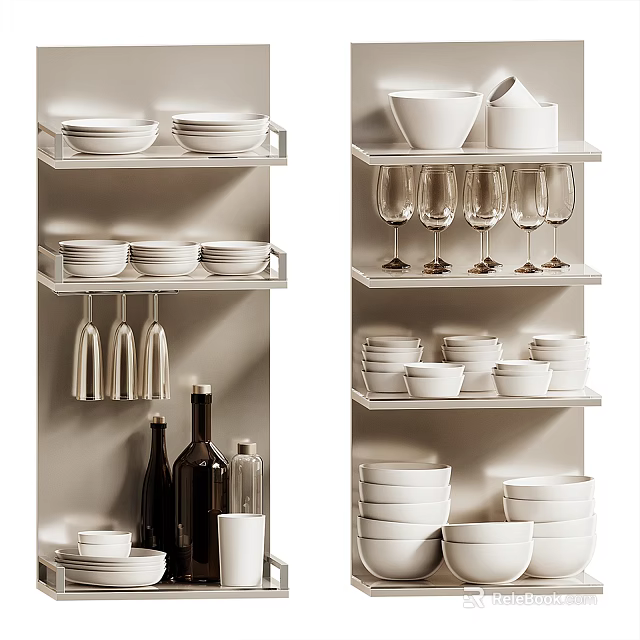Modern Kitchen Kitchenware Storage Shelves With Bowls Plates Wine Glasses And Bottles 3d model 