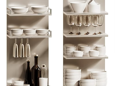 Modern Kitchen Kitchenware Storage Shelves With Bowls Plates Wine Glasses And Bottles 3d model