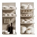 Modern Kitchen Kitchenware Storage Shelves With Bowls Plates Wine Glasses And Bottles