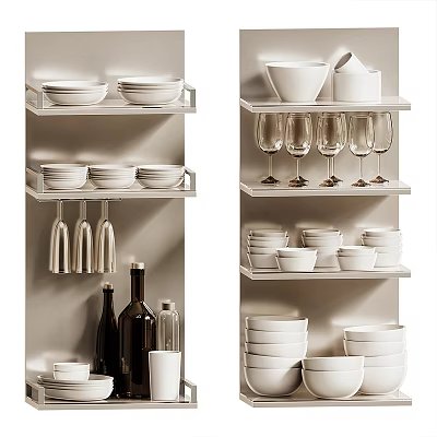 Modern Kitchen Kitchenware Storage Shelves With Bowls Plates Wine Glasses And Bottles 3d model