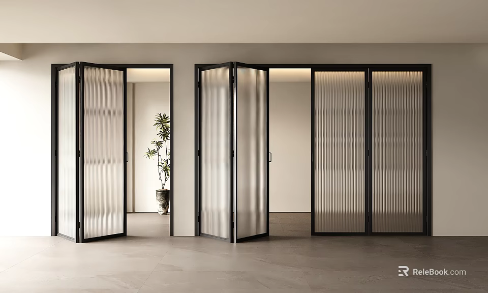 Modern Black Frame Folding Doors With Transparent Vertical Stripes In Spacious Bright Interior 3d model 