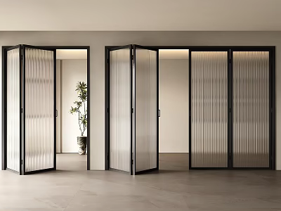 Modern Black Frame Folding Doors With Transparent Vertical Stripes In Spacious Bright Interior 3d model
