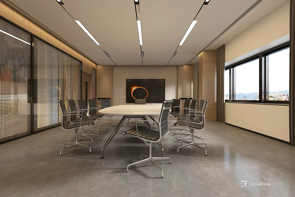 Spacious Modern Conference Room With Round Table Chairs Ceiling Lights Large Screen And Window View 3d model