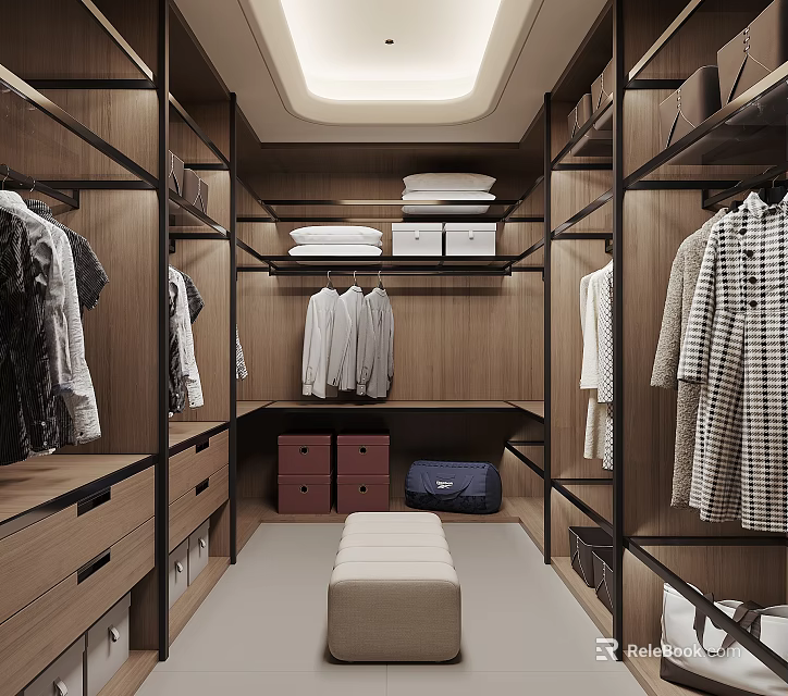 Modern Walk In Closet Interior Design With Hanging Clothes Folded Items Cabinets Drawers And Bench 3d model 