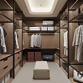 Modern Walk In Closet Interior Design With Hanging Clothes Folded Items Cabinets Drawers And Bench