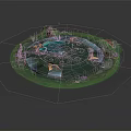 Cartoon Scene Of Round Platform With Blue Magical Pool Green Grass And Orange Vines