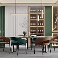 Modern Elegant Restaurant Interior With Dining Table Chairs Green Walls Wine Cabinet And Pendant Lights