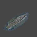 Large Military Battleship Sailing on Blue Ocean with Turrets and Waves