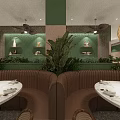 Modern Restaurant Interior With Green Partitions Arched Designs And Pendant Lights