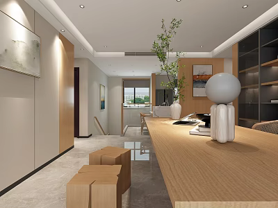 Modern Minimalist Restaurant Interior With Wooden Long Table White Decor And Green Plant 3d model