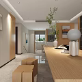 Modern Minimalist Restaurant Interior With Wooden Long Table White Decor And Green Plant