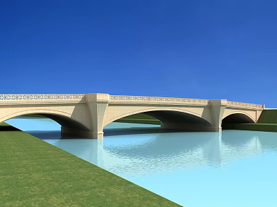 Scenic Stone Arch Bridge Over Calm Water With Green Grass And Blue Sky 3d model