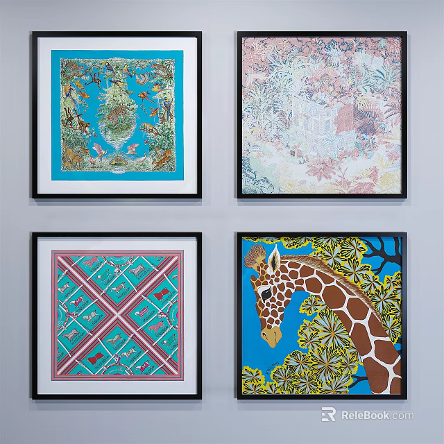 Vibrant Animal Paintings Collection With Giraffe Bird And Geometric Patterns 3d model