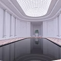 Elegant Indoor Swimming Pool With White Columns Glass Dome Ceiling Patterned Floor And Potted Plant