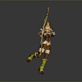 A Woman Archer in Brown Outfit Holding Bow and Arrow Leaping with Green Boots