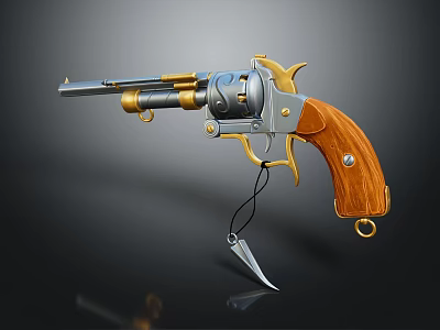 Ornate Revolver With Gold Silver Metal Components Wooden Grip Lanyard And Pointed Decoration 3d model