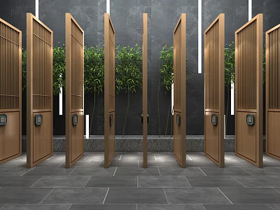 Wooden Room Dividers With Vertical Slats And Green Plants Against Dark Gray Walls 3d model