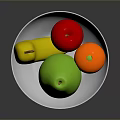 White Bowl With Colorful Fruits Including Yellow Pear Red Apple Green Pear And Orange