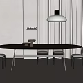 Sleek Oval Wooden Dining Table and Chairs Set with Metal Frame and Hanging Pendant Light