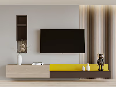 Modern Light Wood TV Stand With Yellow Decor Accents Wall Mounted TV And Striped Background 3d model